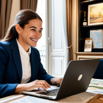 Smart Hotel Booking**

"A woman with a laptop, smiling and pointing at a hotel deal on the screen, set in a cozy cafe with Parisian-style decor, fully clothed, professional attire, researching travel deals, surrounded by travel guides and maps, safe for work, appropriate content, perfect anatomy, natural proportions, high quality, professional, family-friendly."

**