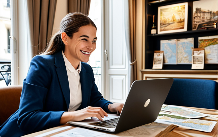 Smart Hotel Booking**

"A woman with a laptop, smiling and pointing at a hotel deal on the screen, set in a cozy cafe with Parisian-style decor, fully clothed, professional attire, researching travel deals, surrounded by travel guides and maps, safe for work, appropriate content, perfect anatomy, natural proportions, high quality, professional, family-friendly."

**