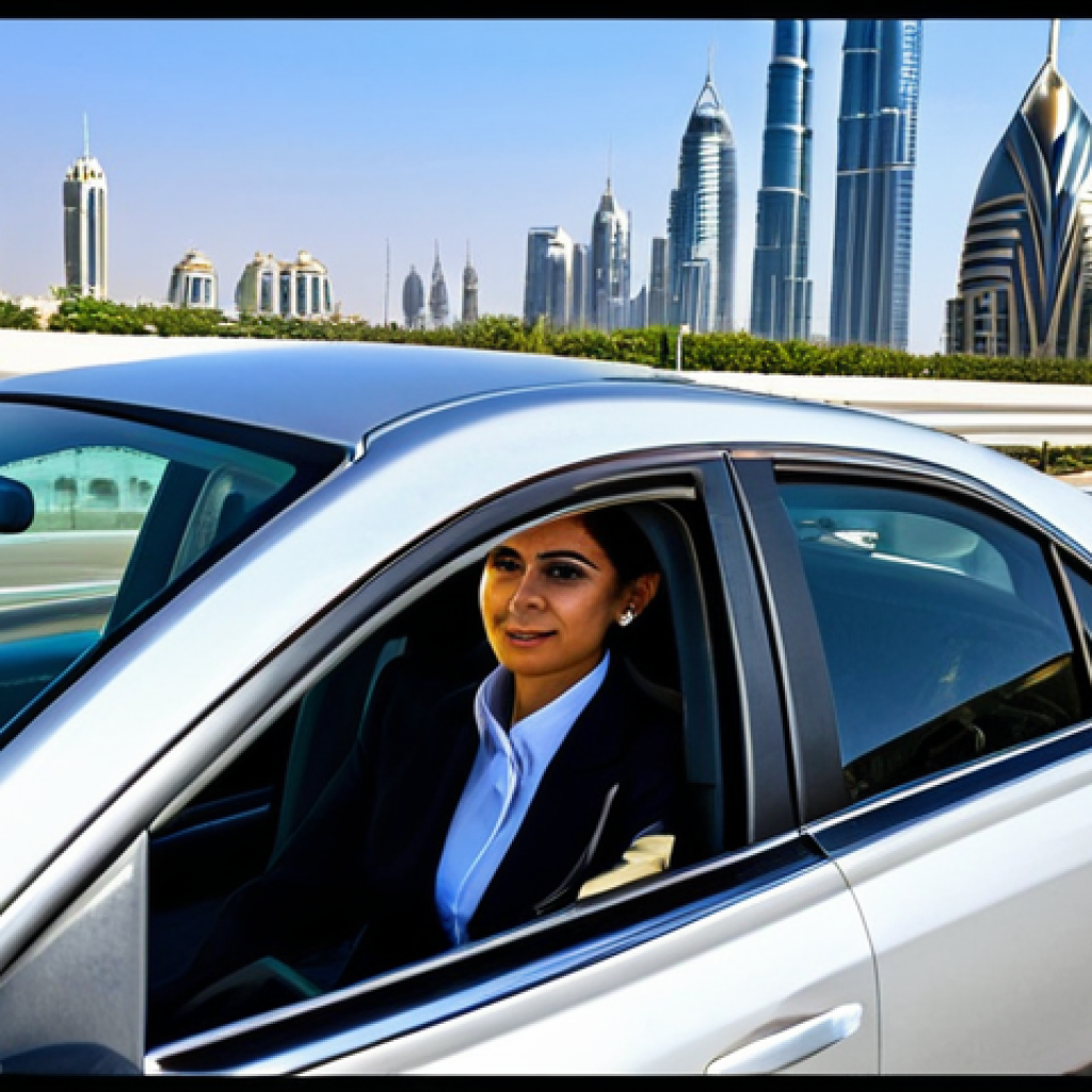 UAE 교통 법규 및 자동차 렌트 - Dubai Cityscape Drive**

"A professional businesswoman in a modest business suit driving a modern ca...
