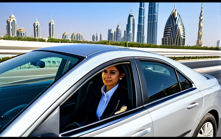 UAE 교통 법규 및 자동차 렌트 - Dubai Cityscape Drive**
"A professional businesswoman in a modest business suit driving a modern ca...
