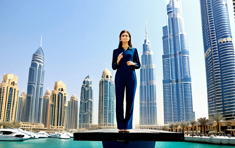 두바이 플라잉 쿠션 체험 - Futuristic Dubai Scene**
"A fully clothed woman in a modest, professional jumpsuit with futuristic ...