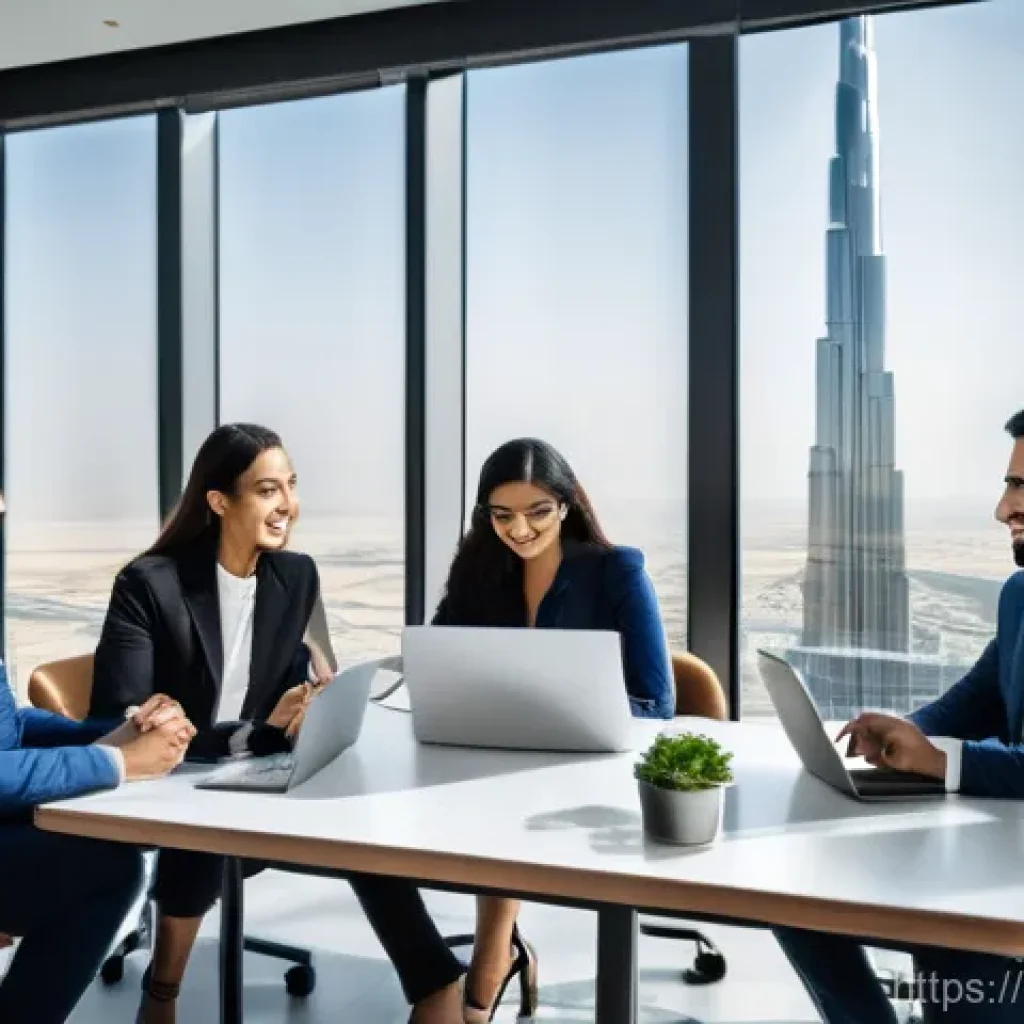 UAE 공용어와 영어 사용 빈도 - **Prompt:** A dynamic, sun-drenched scene inside a modern, high-tech co-working space in downtown Du...