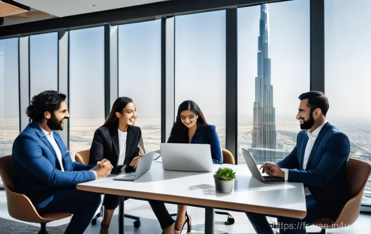 UAE 공용어와 영어 사용 빈도 - **Prompt:** A dynamic, sun-drenched scene inside a modern, high-tech co-working space in downtown Du...