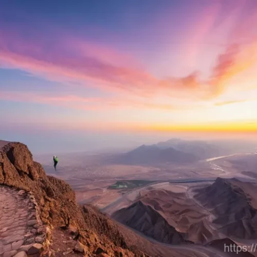 라스 알 카이마 자연 경관 탐방 - **Majestic Jebel Jais Sunrise:** A breathtaking, wide-angle cinematic shot of a sunrise over the vas...