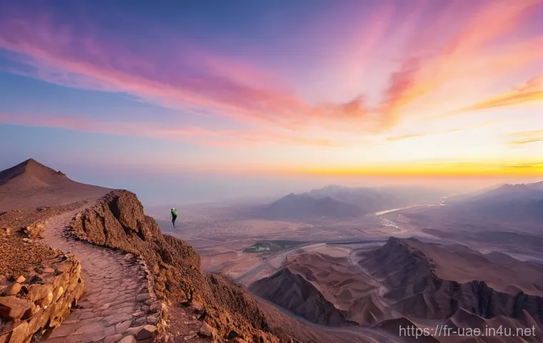 라스 알 카이마 자연 경관 탐방 - **Majestic Jebel Jais Sunrise:** A breathtaking, wide-angle cinematic shot of a sunrise over the vas...