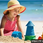 아부다비 그랜드 프릭스 F1 경기 - **Prompt:** A young girl, around 7 years old, wearing a cute sundress and a sun hat, is building a s...