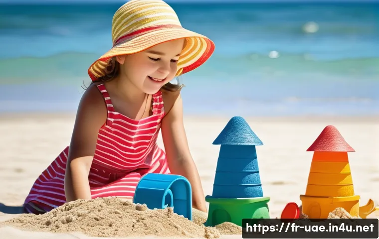 아부다비 그랜드 프릭스 F1 경기 - **Prompt:** A young girl, around 7 years old, wearing a cute sundress and a sun hat, is building a s...