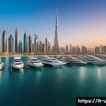두바이 크루즈 여행 리뷰 - A breathtaking panoramic view of Dubai&rsquo;s futuristic skyline from the sea at sunset, featuring the to...