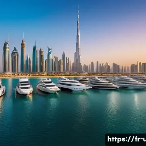 두바이 크루즈 여행 리뷰 - A breathtaking panoramic view of Dubai&rsquo;s futuristic skyline from the sea at sunset, featuring the to...