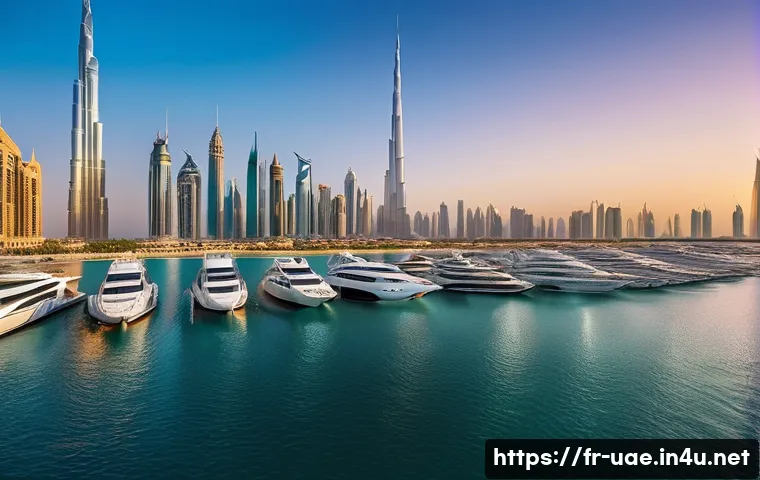 두바이 크루즈 여행 리뷰 - A breathtaking panoramic view of Dubai’s futuristic skyline from the sea at sunset, featuring the to...