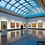 아부다비 루브르 박물관 - A modern museum interior with spacious, open galleries showcasing a diverse collection of art from a...