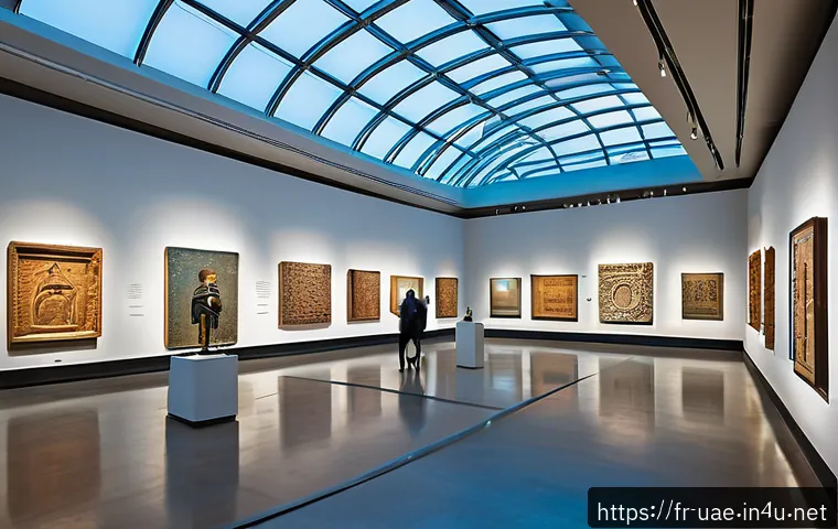 아부다비 루브르 박물관 - A modern museum interior with spacious, open galleries showcasing a diverse collection of art from a...