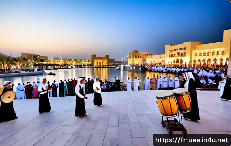 두바이 문화 축제 일정 - Photorealistic Dubai cultural festival evening at Al Seef waterfront, diverse Emirati performers in ...